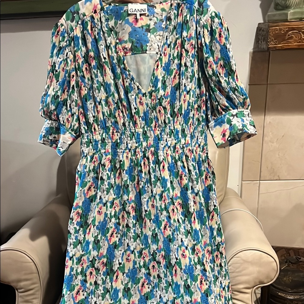 Ganni Blue Puff Sleeve V-Neck Sundress